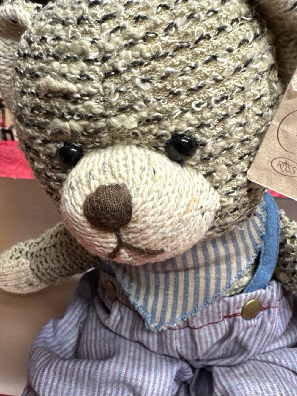 Russ Bear of the Past Plush Knit Bear Toy - Beige Brown with Striped Overalls